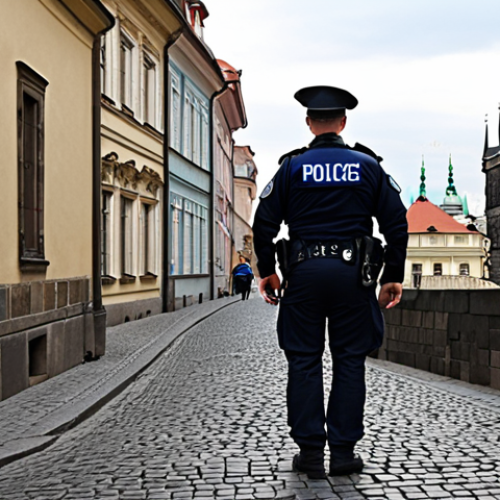 A discreet police presence near Charles Bridge in Prague, hinting at unseen threats. Focus on the subtle surveillance and the historical architecture.