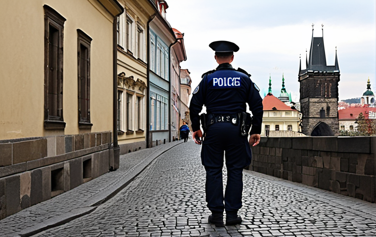 A discreet police presence near Charles Bridge in Prague, hinting at unseen threats. Focus on the subtle surveillance and the historical architecture.
