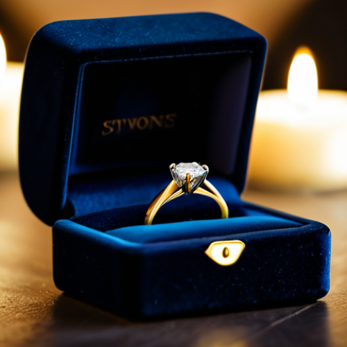 **

"Elegant gold engagement ring with a solitaire diamond, displayed in a velvet ring box. Background features a softly lit romantic dinner setting with candles and blurred-out figures in evening wear. Focus on the ring and the ambiance of a proposal. High resolution, realistic, professional jewelry photography."

**