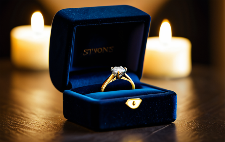 **

"Elegant gold engagement ring with a solitaire diamond, displayed in a velvet ring box. Background features a softly lit romantic dinner setting with candles and blurred-out figures in evening wear. Focus on the ring and the ambiance of a proposal. High resolution, realistic, professional jewelry photography."

**