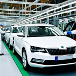 체코와 유럽 경제 - Automotive Industry**

"A modern Škoda car being assembled in a clean, high-tech factory, fully clot...