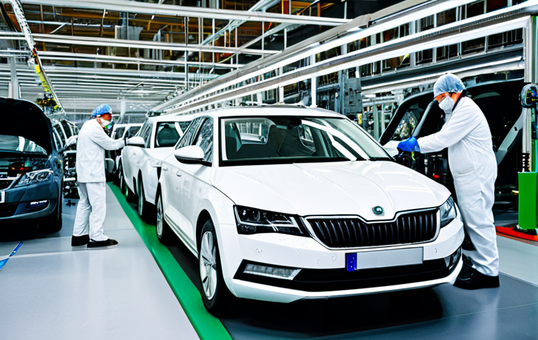 체코와 유럽 경제 - Automotive Industry**

"A modern Škoda car being assembled in a clean, high-tech factory, fully clot...