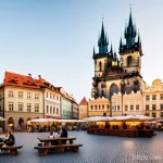체코와 국제 관계 - A picturesque, wide-angle shot of Prague's Old Town Square at a golden hour, bathed in warm, soft li...