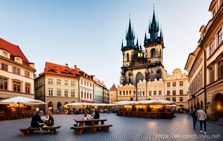 체코와 국제 관계 - A picturesque, wide-angle shot of Prague's Old Town Square at a golden hour, bathed in warm, soft li...