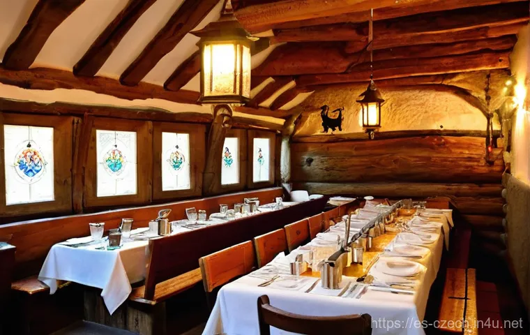 체코 전통과 문화 - **A Hearty Czech Tavern Feast**
    A vibrant, inviting scene inside a traditional Czech "hospoda" (...