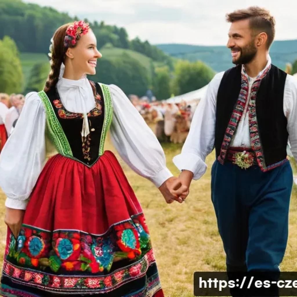 체코 전통 의상 - A vibrant traditional Moravian folk costume scene, featuring a woman and a man dressed in colorful a...
