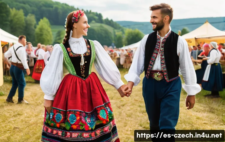 체코 전통 의상 - A vibrant traditional Moravian folk costume scene, featuring a woman and a man dressed in colorful a...