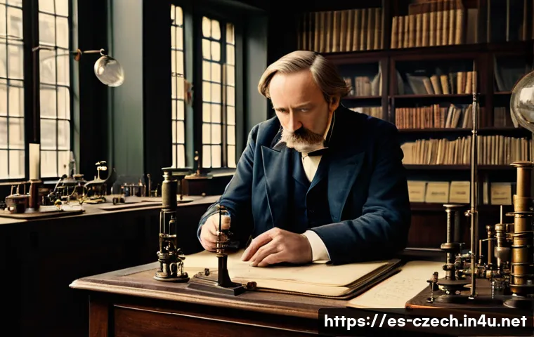체코 출신 과학자 - A detailed scene of a 19th-century physics laboratory with Ernst Mach deeply engaged in experiments ...