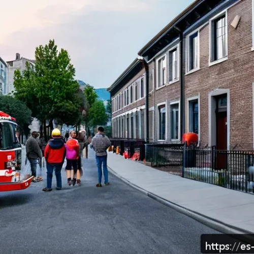 체코의 대형 화재 사건 - A detailed urban scene of a historic European residential neighborhood at dusk, showcasing old build...