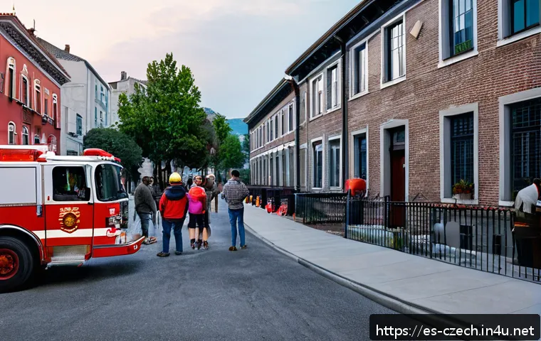 체코의 대형 화재 사건 - A detailed urban scene of a historic European residential neighborhood at dusk, showcasing old build...