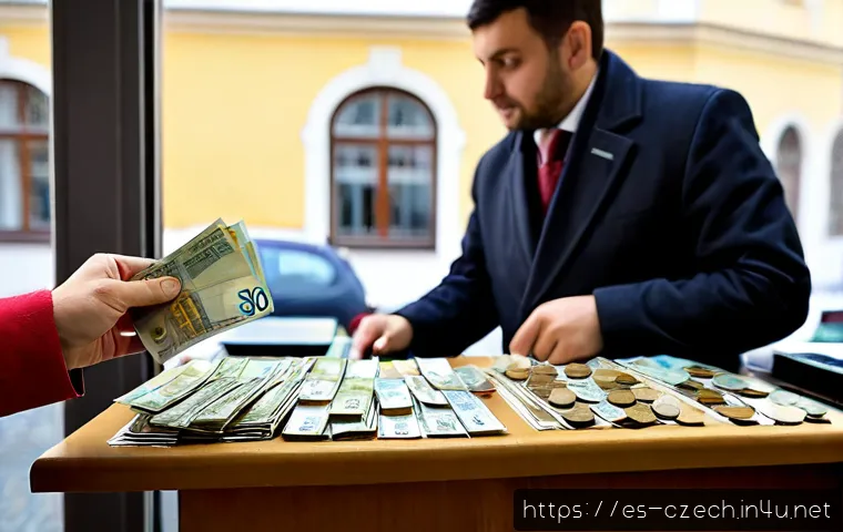 체코에서 환전하는 법 - Photorealistic travel currency exchange scene in Prague, a Spanish-speaking tourist exchanging euros...